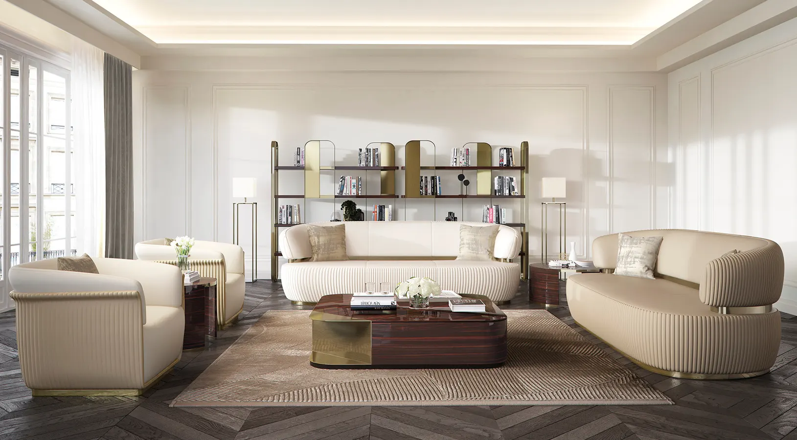 3D rendering of a stone fireplace and arched built-ins